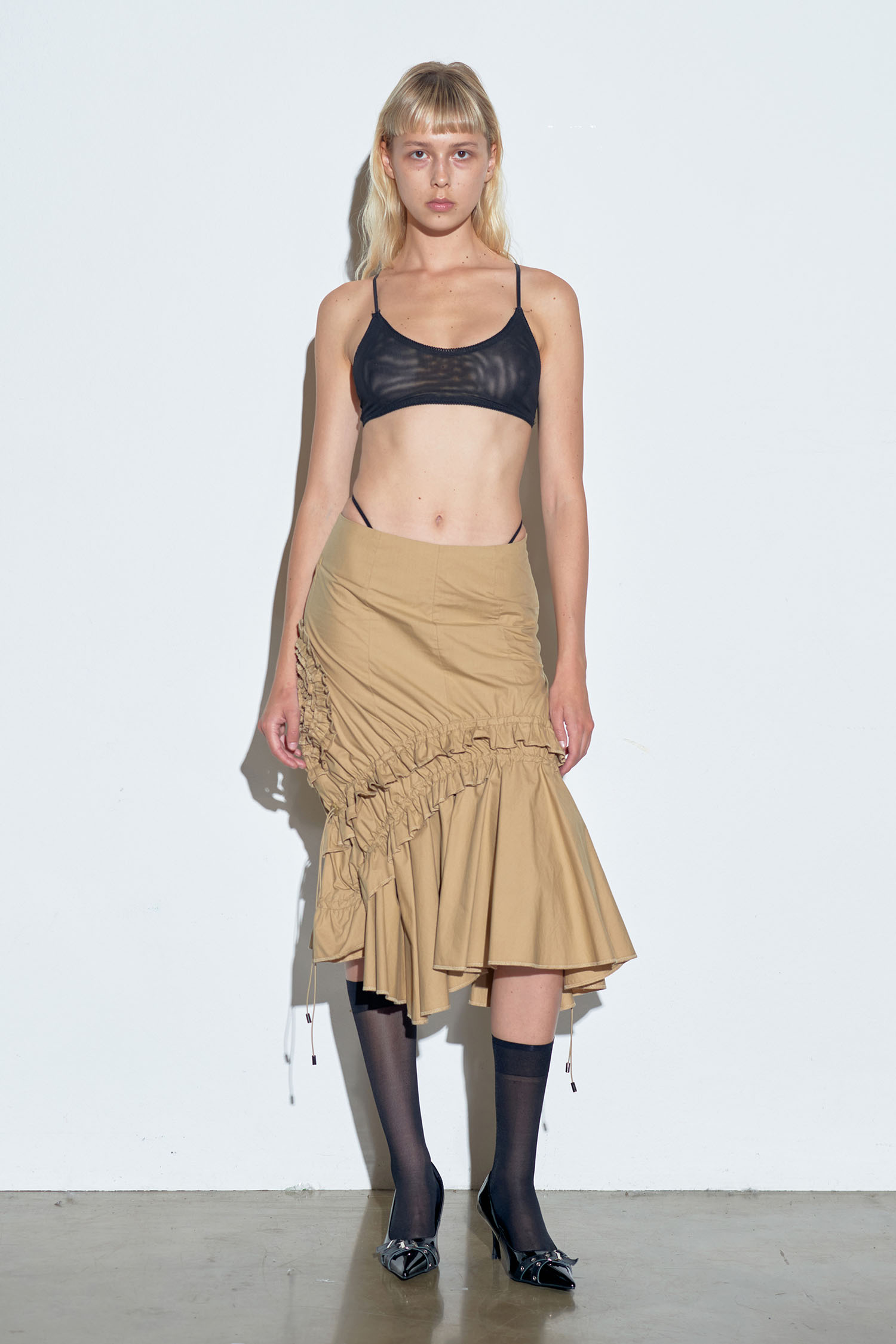 Cotton Flower Frill Midi Skirt Sand Beige